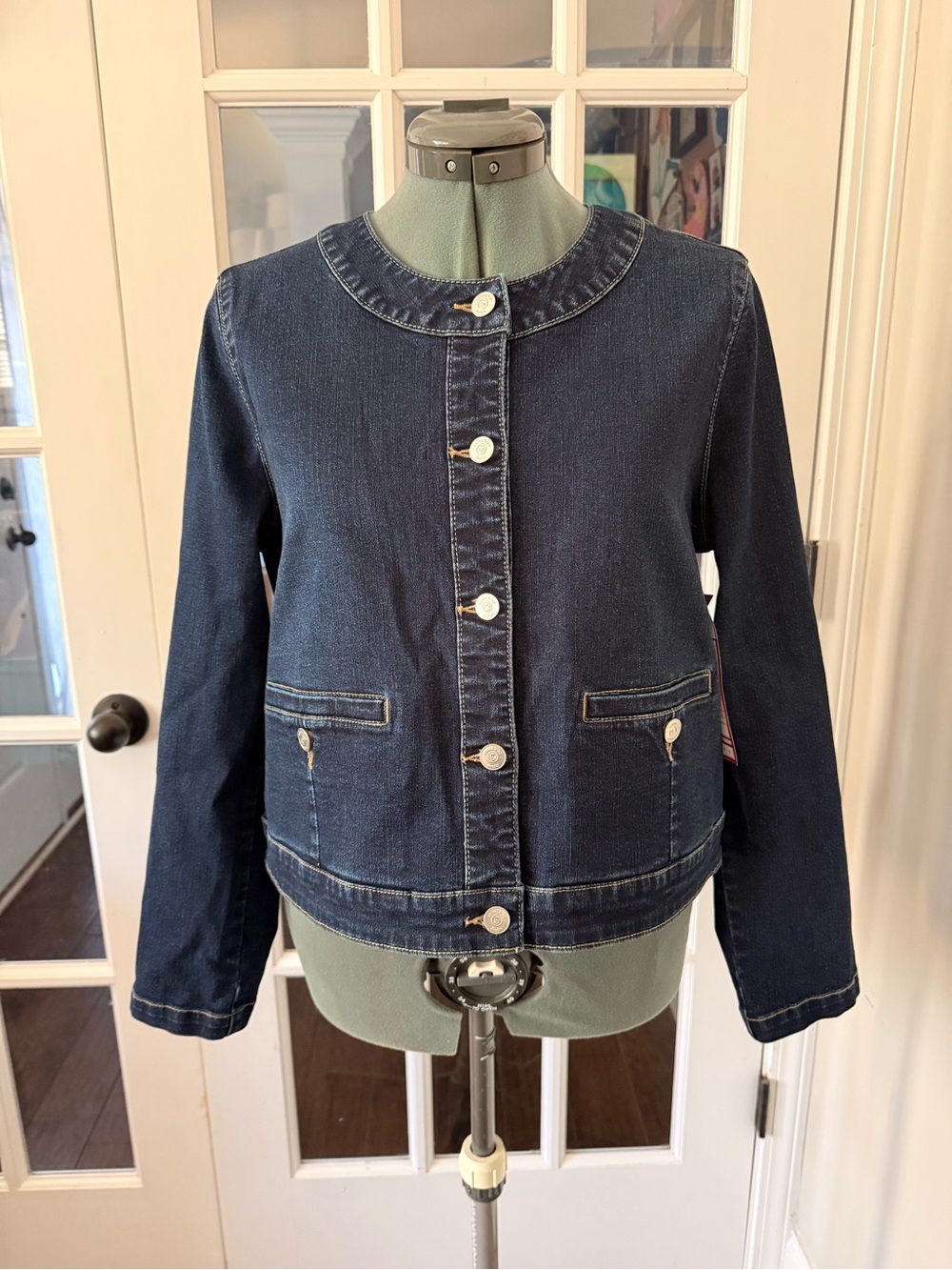 Crown & Ivy Dark Blue Collarless Crop Denim Jacket